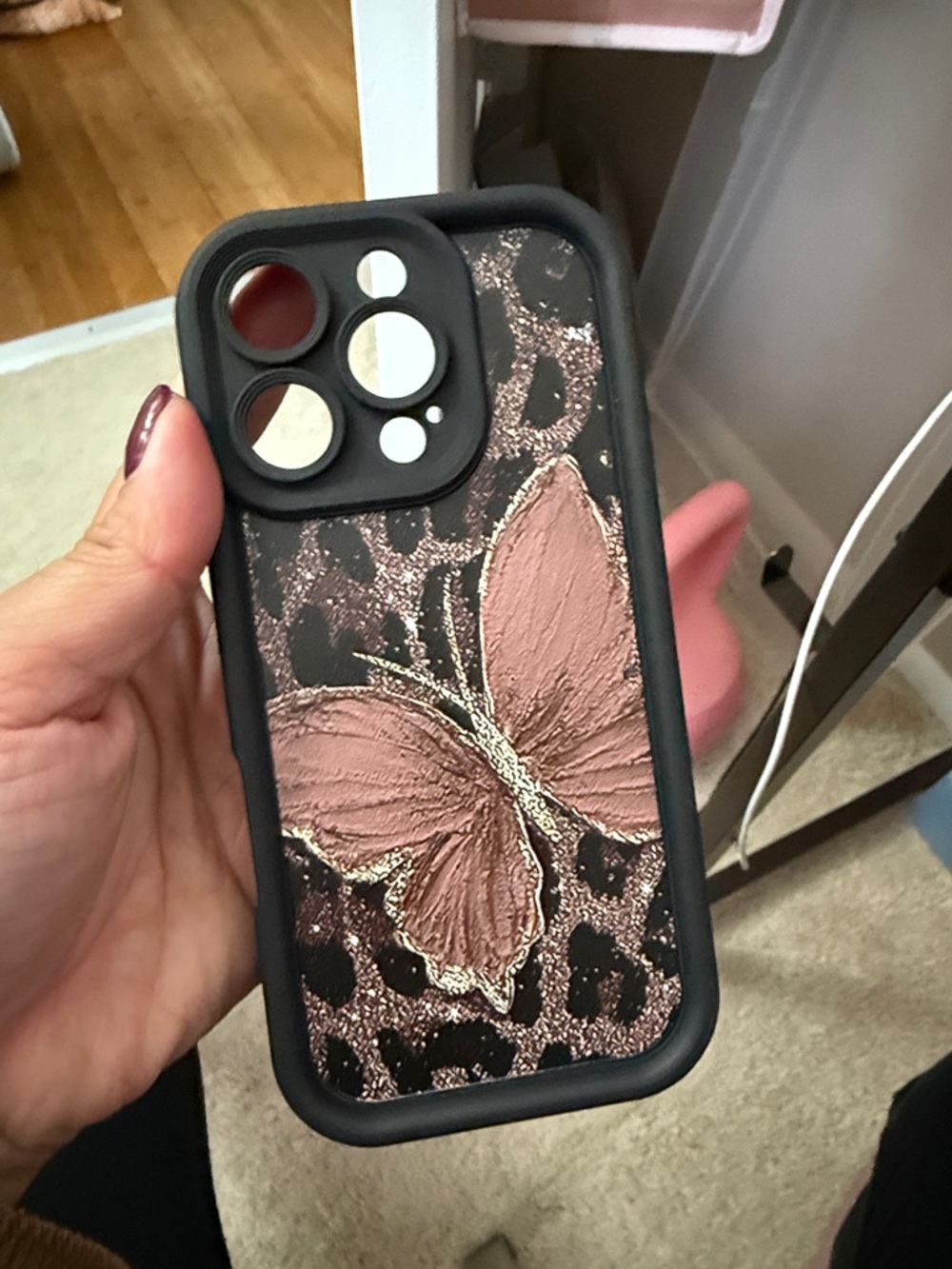 Decorative Pink Butterfly Leopard Phone Case for iPhone 16 pro